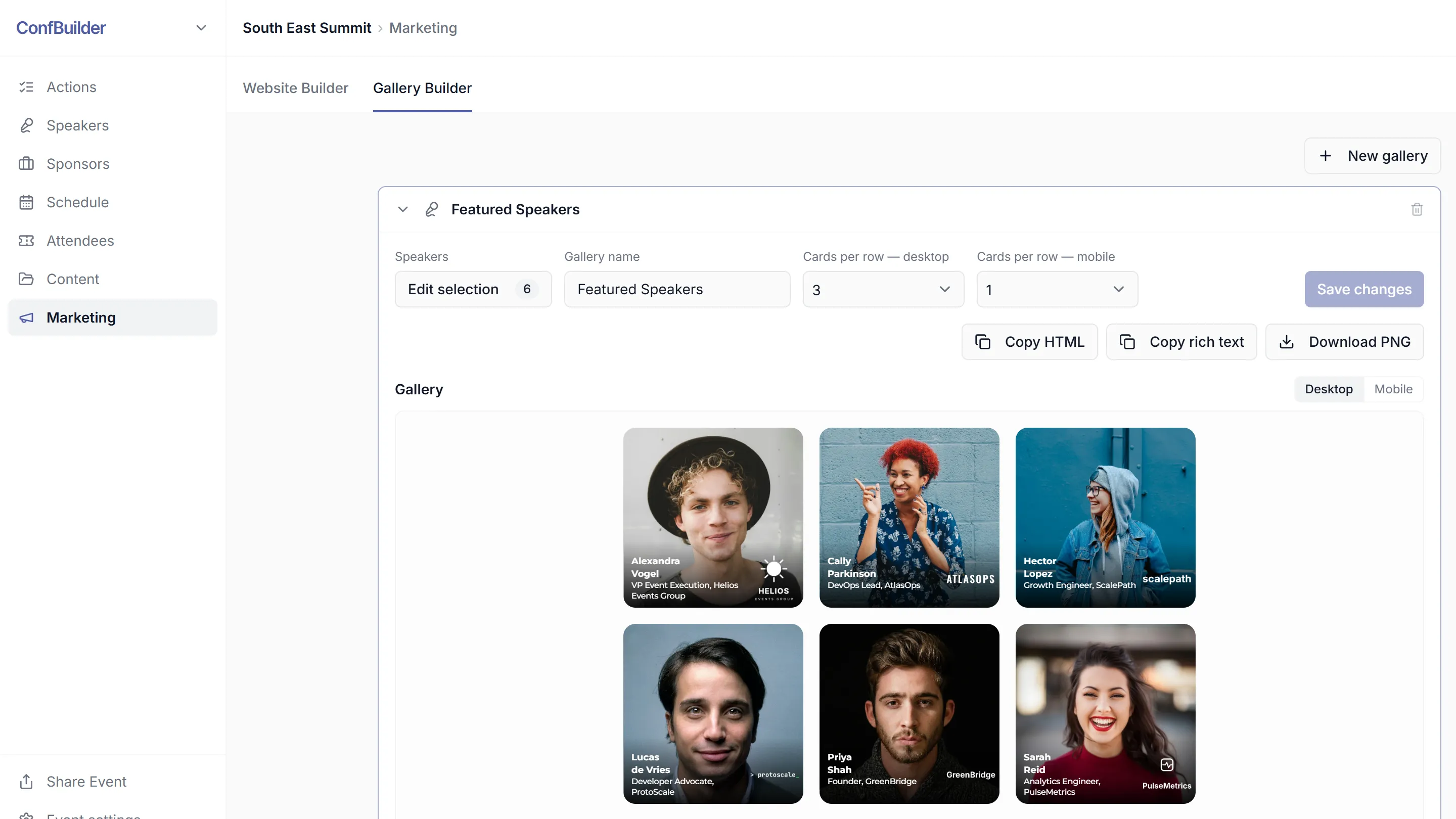 The gallery builder with a speaker grid selected
