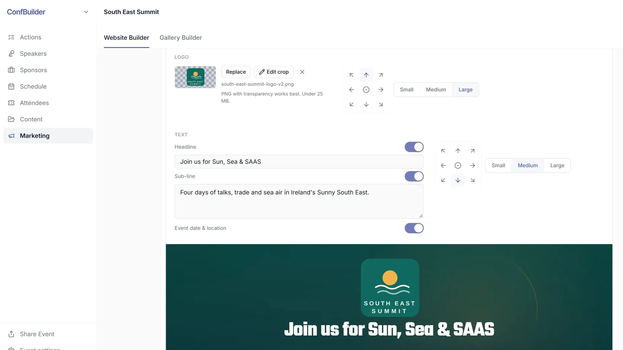 The website builder with the event's sections stacked and the controls open