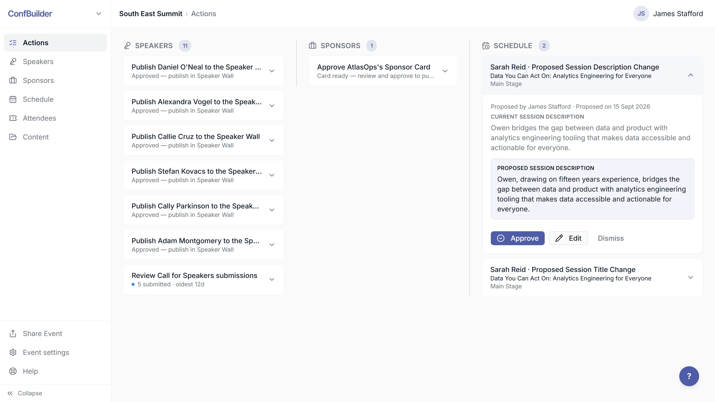 The actions queue across events, listing publishes and approvals