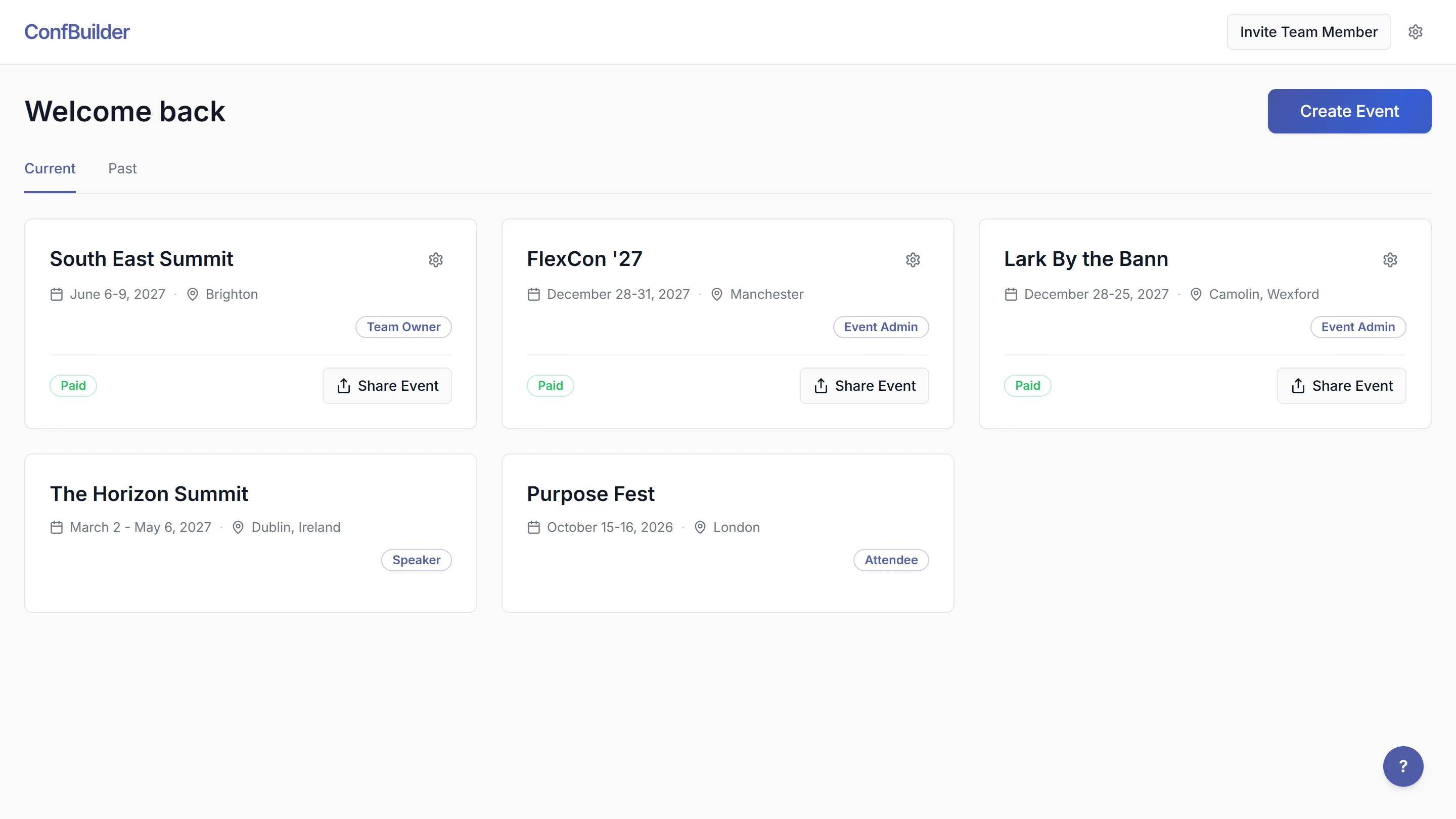 The dashboard showing every event as a card with dates and roles