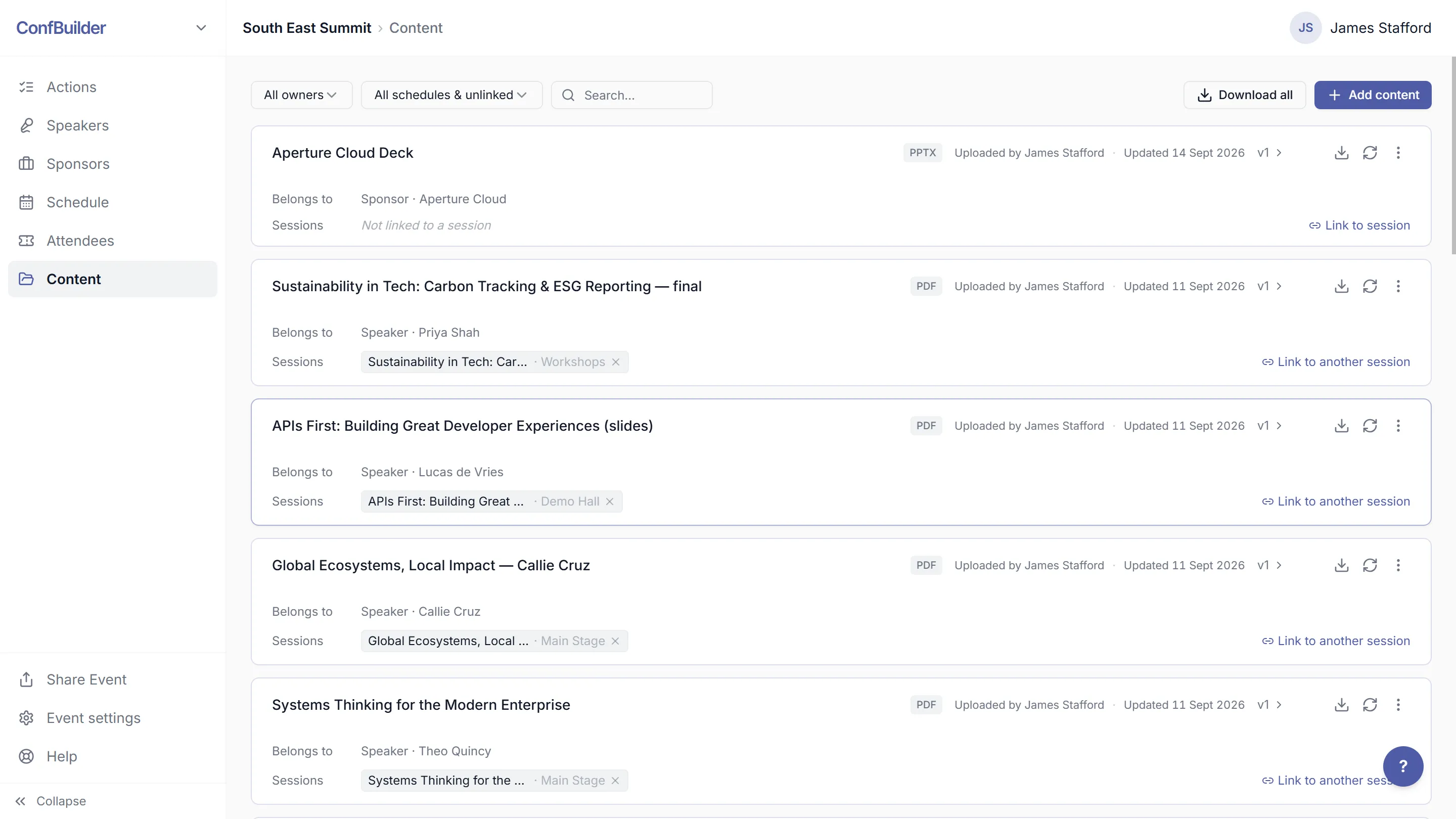 The Content Library with files, owners and linked sessions