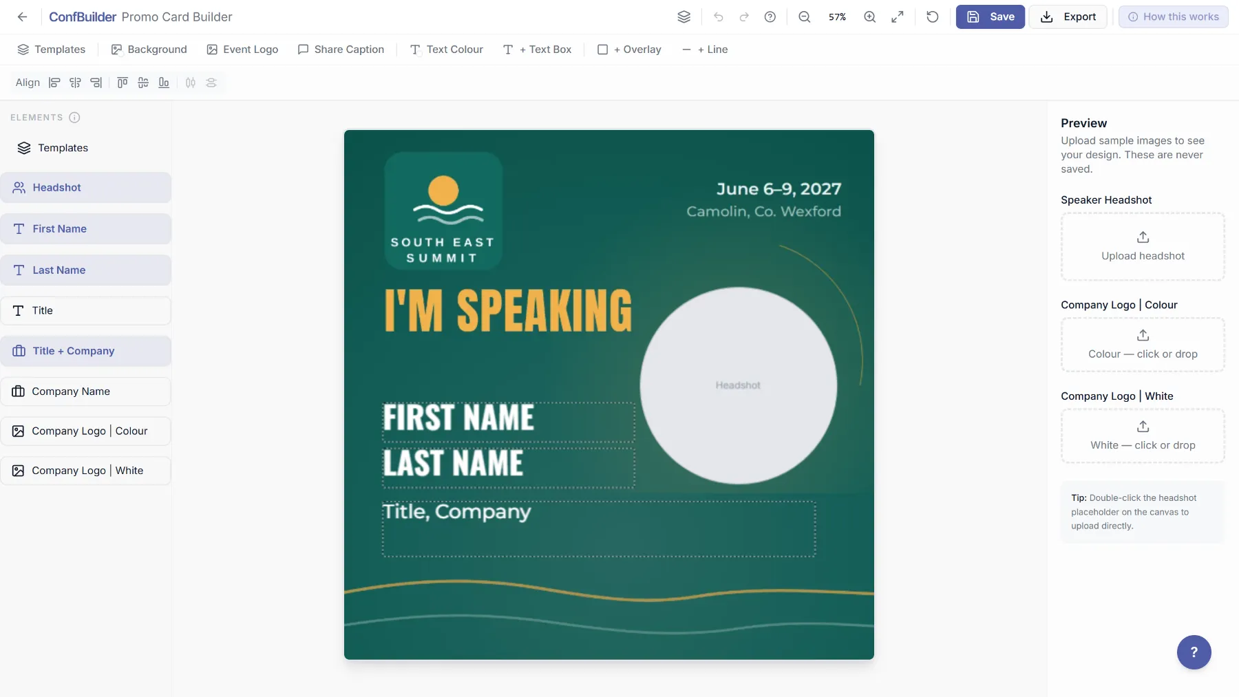 Promo Card Builder: design the template once, every field auto-fills from profiles