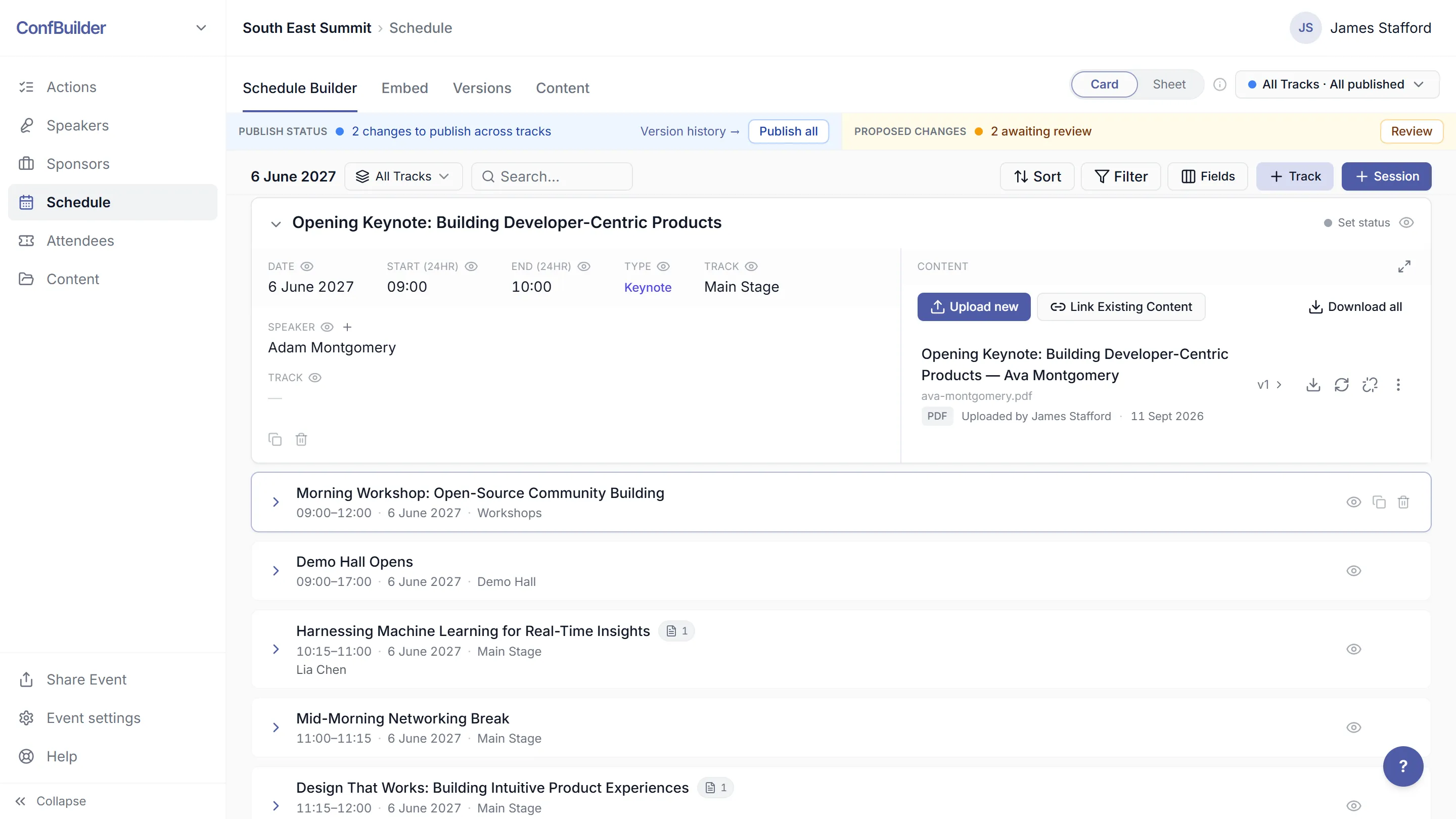 The schedule builder in card view with a session open, showing time, location, speaker and linked content