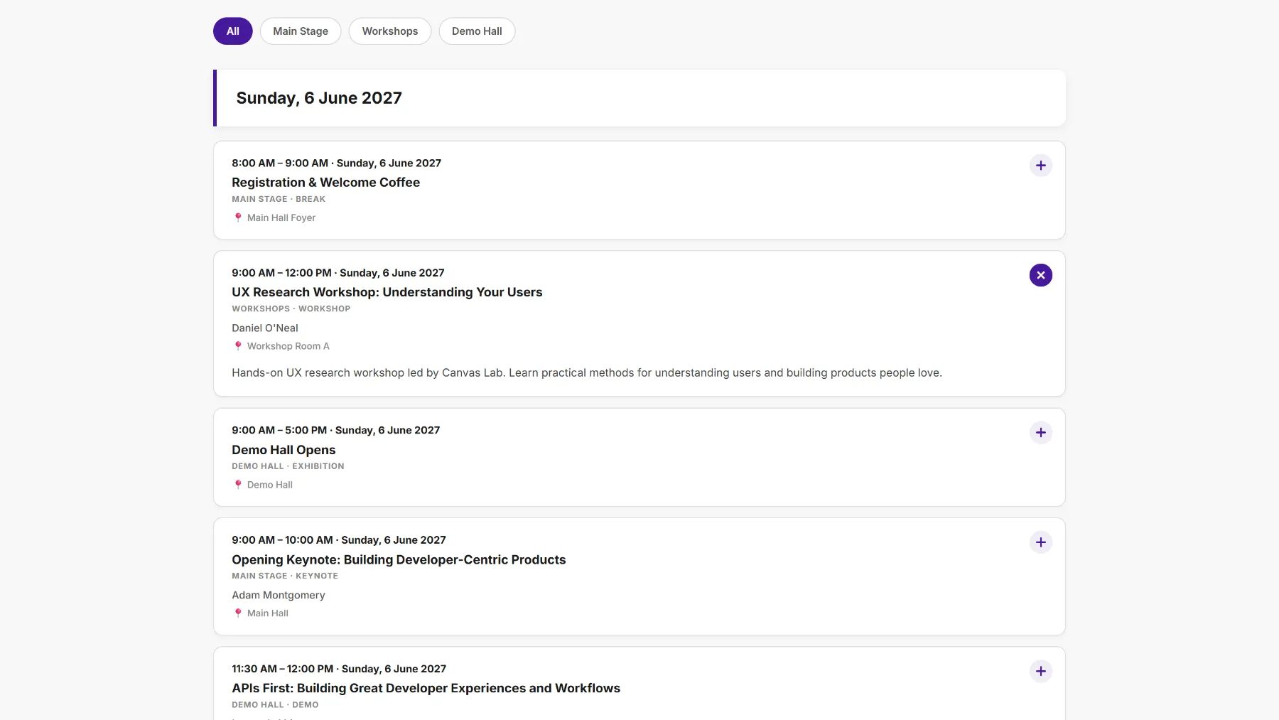 A published schedule embed on an event website with day tabs and sessions