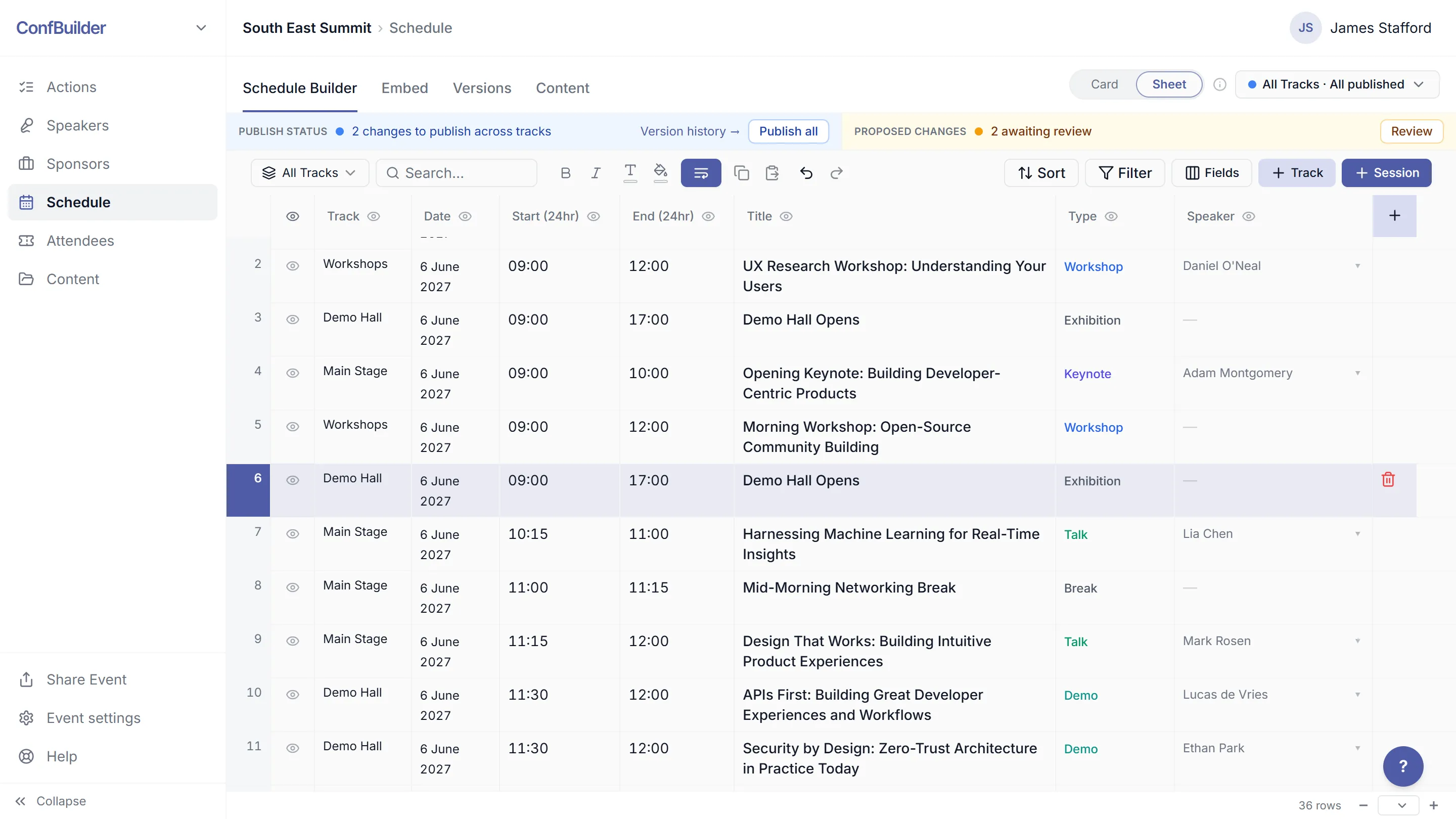 The schedule spreadsheet view with tracks, sessions and speakers in one grid